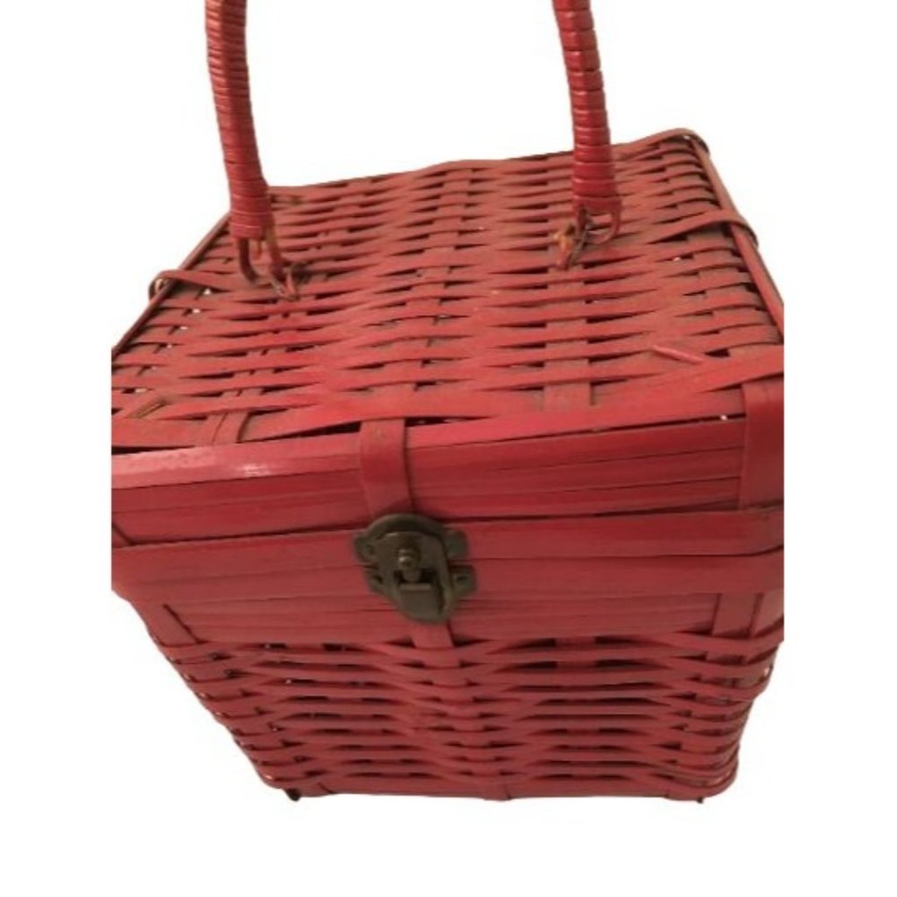 Red Box Bag Top Handle Basket Vintage Structured … - image 7